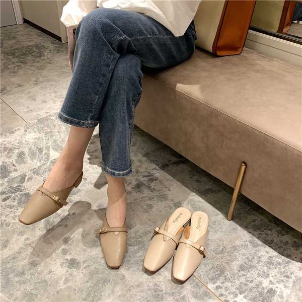 

casual low heels mules women shoes shallow closed toe slippers fashion slides buckle slip on loafers khaki apricot zapatos mujer, Black