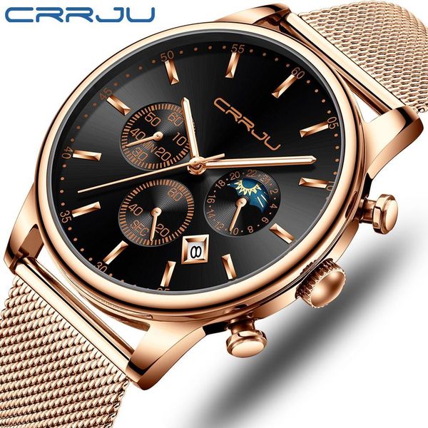 

reloj hombre crrju luxury men multifunction watches waterproof business casual quartz date wrist watch male mesh strap clock, Slivery;brown
