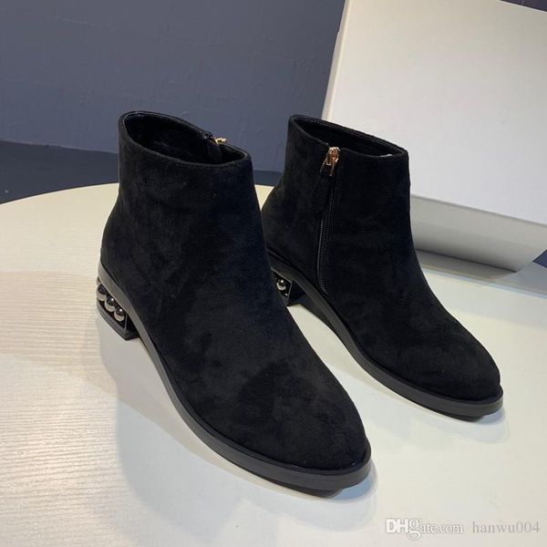 

fashion brand high heel boots for womens wool cow leather rivet ankle booties chunky heel ladies casual shoes pointed dlm19100502, Black