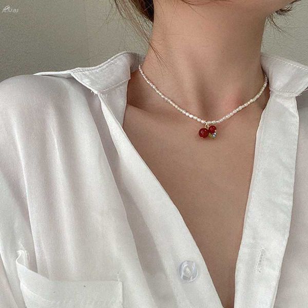 

aomu 2020 fashion transparent crystal cherry baroque natural pearl necklace for women party wedding jewelry gifts, Golden;silver