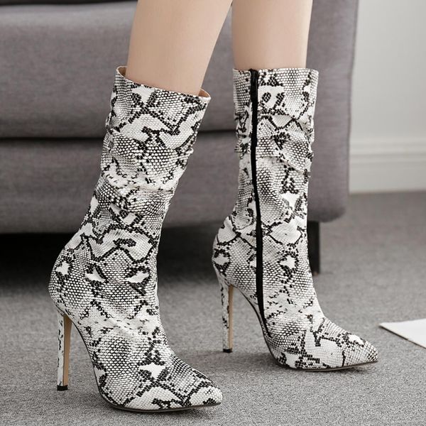

youyedian women's rubber boots zip mid-calf boots snake-printed thin high heels women autumn zapatos de mujer, Black