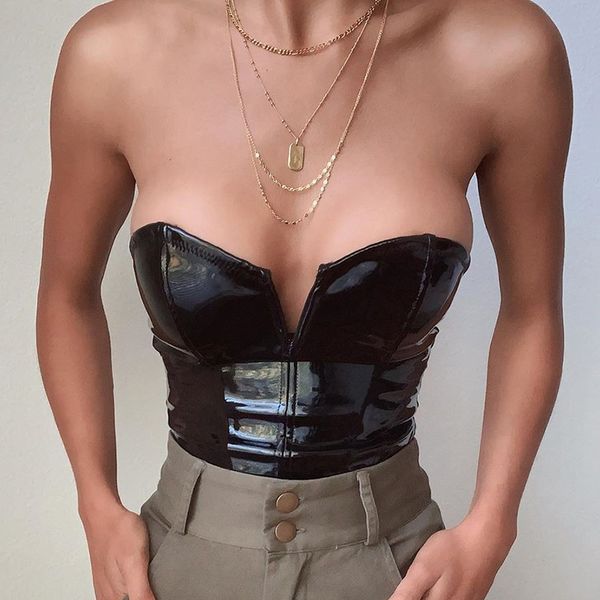 

v neck pu faux leather black tube women strapless bra shape short solid zipper crop ladies casual, White