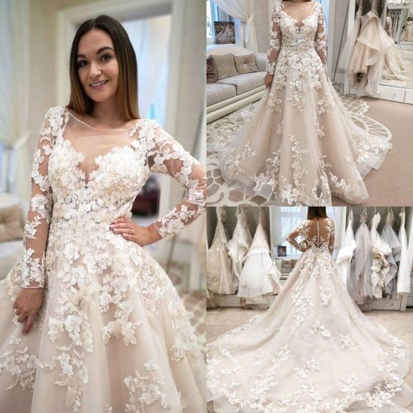 

2019 новый с длинным рукавом свадебные платья кружева аппликация бусины jewel шеи свадебные платья старинные пляж страна свадебные платья, White