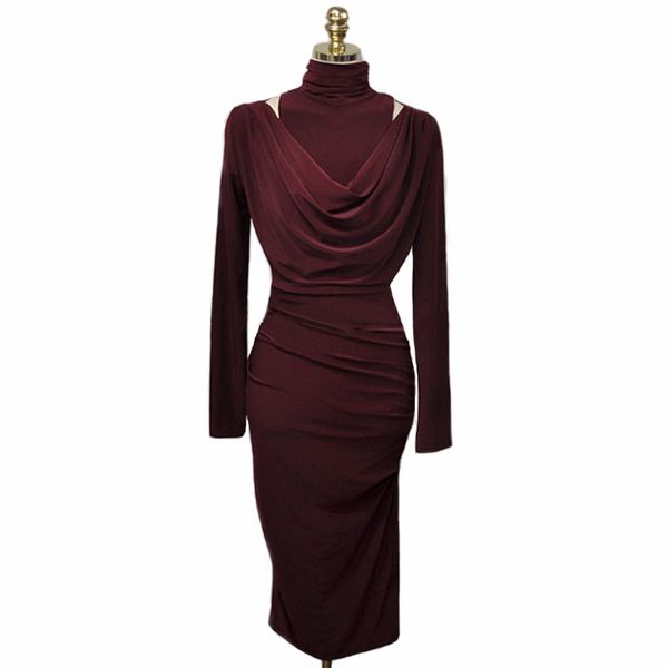 

2019 new autumn women slim early intellectual elegantast hang in neck long dress dresses black bordeaux red 326, Black;gray