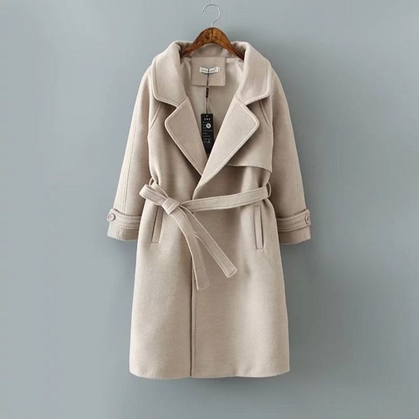 

office lady loose long coat for women belt pockets wool coat and jacket turn-down collar women clothes 2018, Black