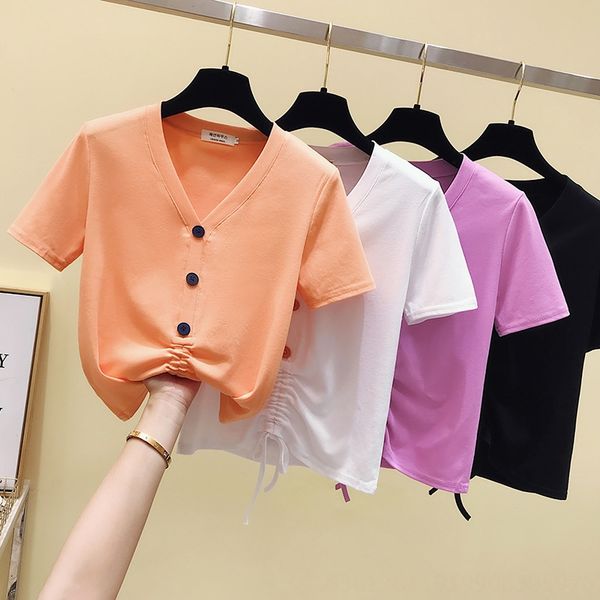 

v-neck short-sleeved female 2020 drawstring student short coat v-neck short-sleeved t-shirt female 2020 drawstring student short slim coat t, White