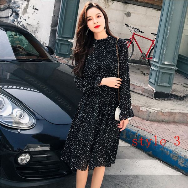 

women spring layer dress chiffon autumn female vintage print elegant long sleeve office loose lady dress designer clothes, Black;gray