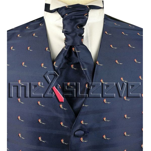 

navy fabric with lovely birds men's suit tuxedo dress vest 4pcs, Black;white