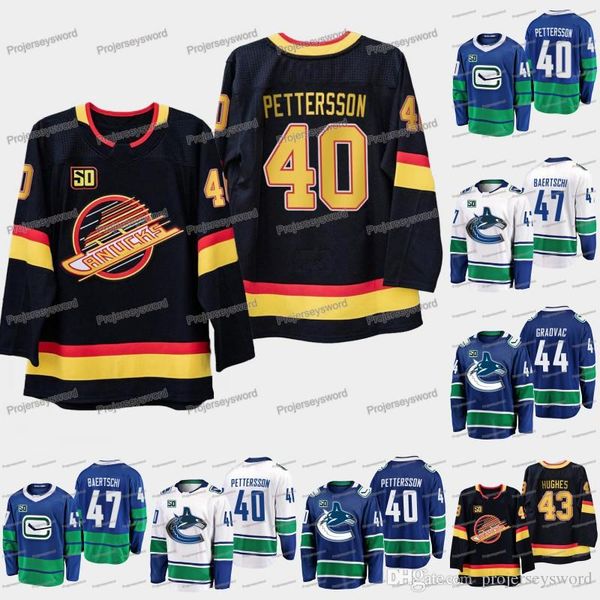 

Vancouver Canucks 50th Anniversary 40 Elias Pettersson 43 Quinn Hughes 44 Tyler Graovac 47 Sven Baertschi Mens Womens Youth Hockey Jerseys