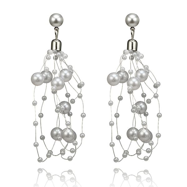 

fashion simulated pearl beads string tassel long drop earrings for women girl party earrings gifts, Silver
