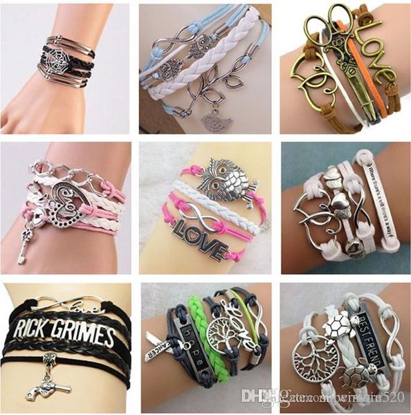 

charm bracelets women love believe owl heart bird riend jewelry fashion leather cute infinity bracelets, Golden;silver