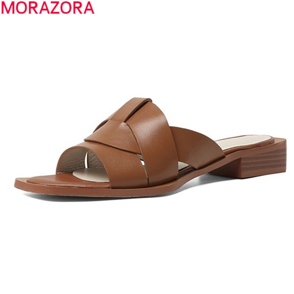 

morazora 2020 new arrival fashion women slippers genuine leather comfortable ladies shoes summer square toe casual shoes, Black
