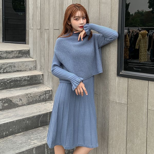 

2019 new autumn winter korean casual elegant party solid women set two piece set knitted sweater turtleneck + silm dress, White
