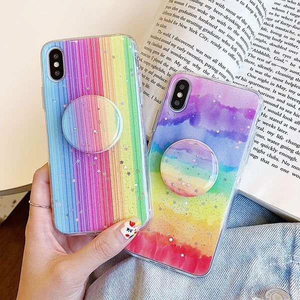 

glitter rainbow phone case for iphone xr xs max x 11 11pro 6 6s 7 8 plus candy color stand holder tpu full body protective cover