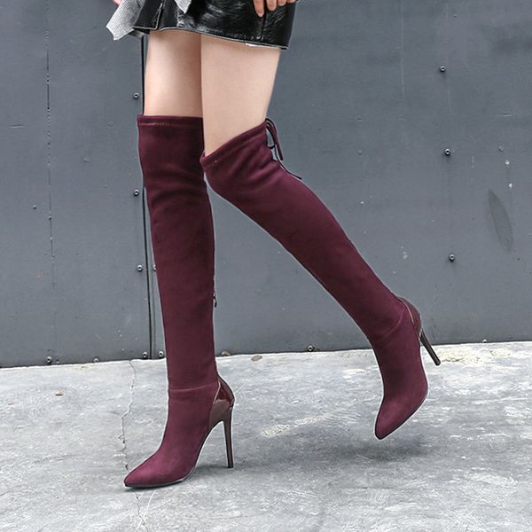 

back zipper over the knee boots stretchy suede thigh high boots for women winter stiletto heels black wine red beige long