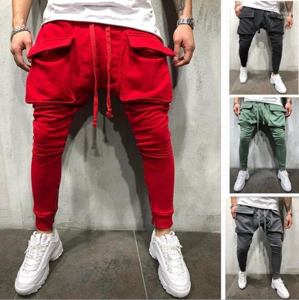 

sports joggers pantalones spring autumn solid big pockets fitness athletic sweatpants mens casual, Black