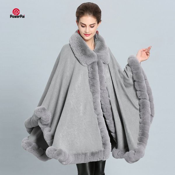 

fashion luxury handwork rex rabbit fur coat cape big long cashmere shawl full trim faux fur cloak lapel overcoat women winter, Black