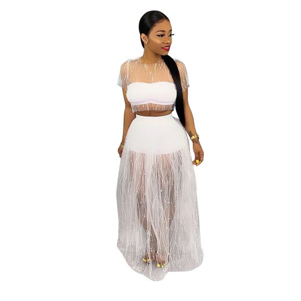 

women two piece set dress white mesh patchwork see through short and beaded tassel ankle length skirts