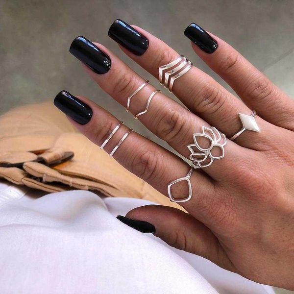 

8 pcs/set fashion openwork geometric lotus v rhombus joint silver rings set women wedding party jewelry accessories, Golden;silver
