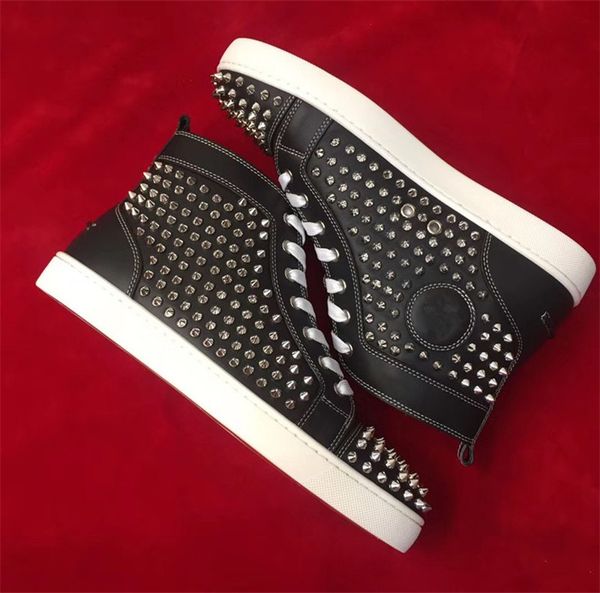 

2019s men women lady black leather rivet studded spikes high sneakers casual flat shoes lace up boots flat red sole bottom