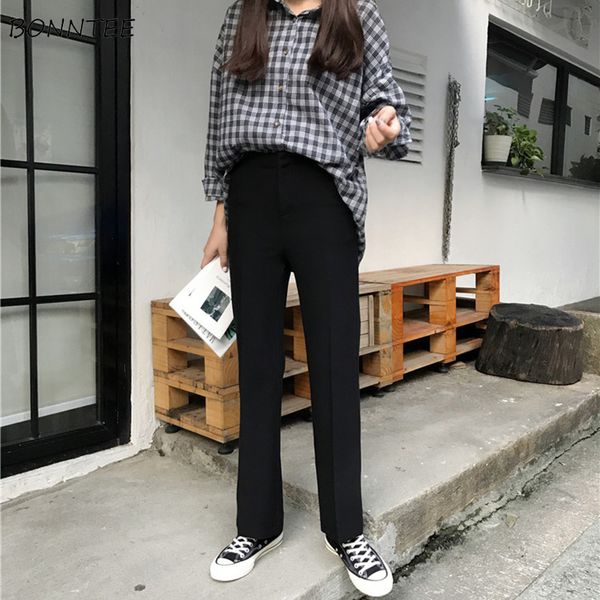 

pants women 2019 high waist leisure straight loose womens trousers korean style black elegant simple all-match flare pant chic, Black;white