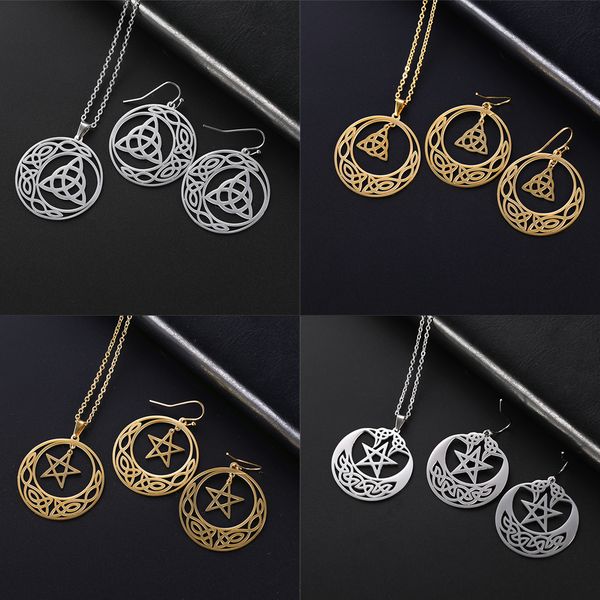 

hollow pentagram irish knot gothic stainless steel big gold statement drop necklace for woman christmas mother gift jewelry, Silver