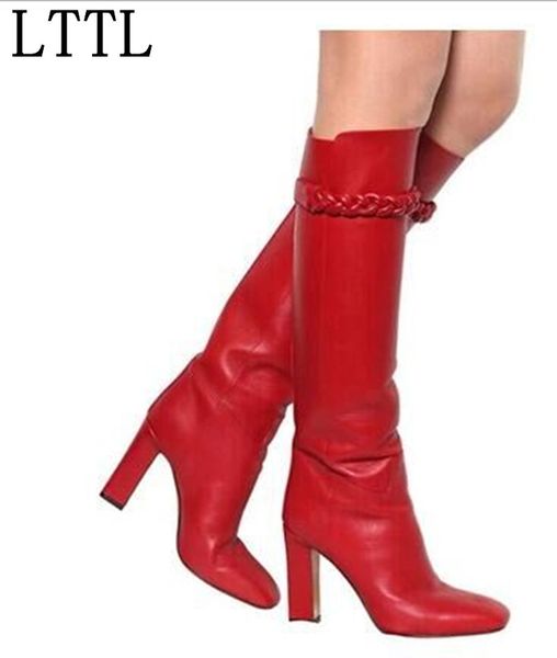 

лучшие качества пряжки ремень скольжения на высокие сапоги пятки красный подлинные кожаные сапоги колено высокий толстые каблуки мода обувь, Black