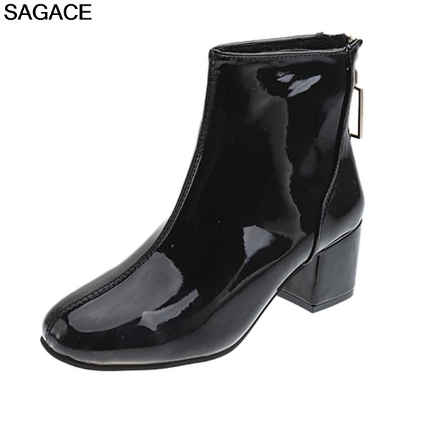 

shoes woman women short boots flat pu leather back zipper square heel ankle boots for women round toe shoes bota zapato de mujer, Black