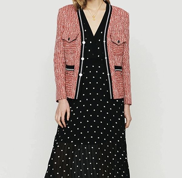 

2019 spring new v neck long sleeve single breasted office lady slim career red knitted coat, Black