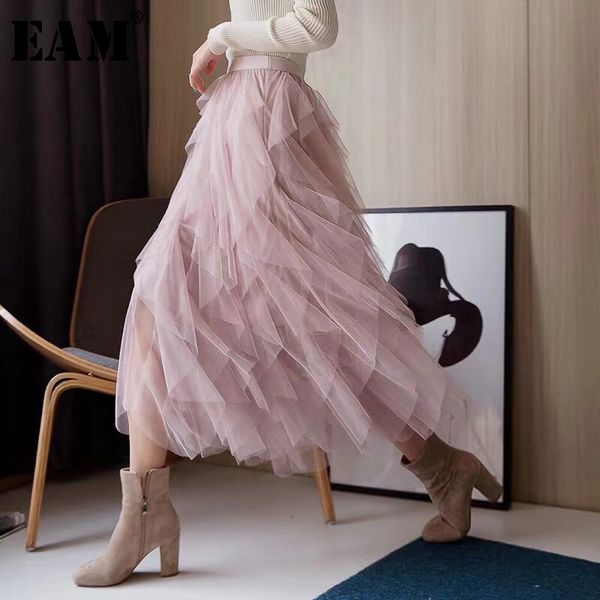 

eam] 2020 new spring summer high elastic waist black loose irregular mesh split joint half-body skirt women fashion tide jo477, Black;gray