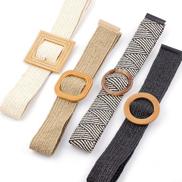 

for women 2020 wax rope braiding women belt round square buckle skirt belt vintage knitted waist hand-woven elastic, Black;brown