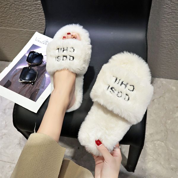 

famous designer letter embroider fur slippers women flat heel sandals fur flip flops ladies cozy furry slides home shoes s323, Black