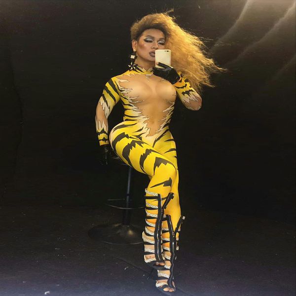 

women new atmospheric tiger pattern jumpsuit stretch bodysuit women's stage costume one-piece printed skinny rompers, Black;white