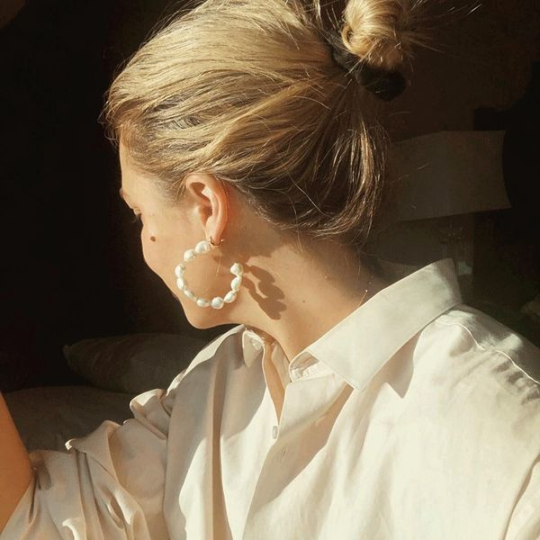 

elegant white pearl hoop earrings for women girls unique big earrings circle earring brinco statement fashion jewelry gift, Golden;silver