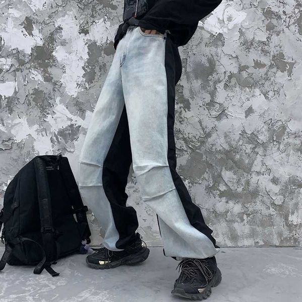 

2020 spring and autumn new youth popular couple fall feeling stitching hit color jeans fashion casual wild straight pants blue