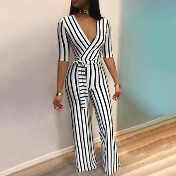 

womens jumpsuit summer deep v neck sashes jumpsuit women sleeve casual rompers overalls regular office lady striped long pants jumpsuits, Black;white