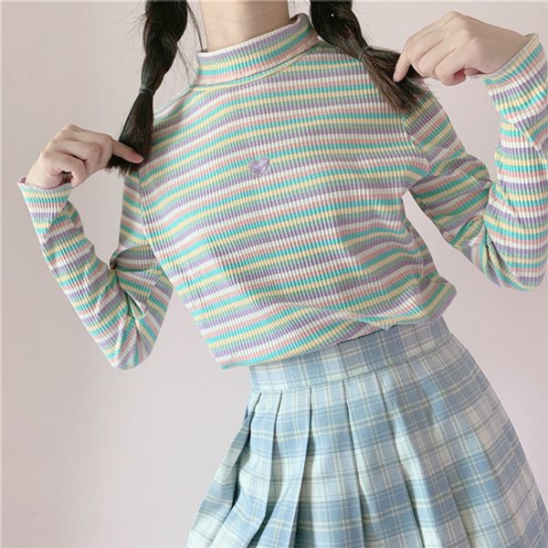 Großhandels-2 Farben-neue Kawaii-Lolita-Pullover-Vitalitäts-Mädchen-Regenbogen-Pullover-Rollkragen-nette Herz-Stickerei-Frauen-Pullover-Strickoberteile