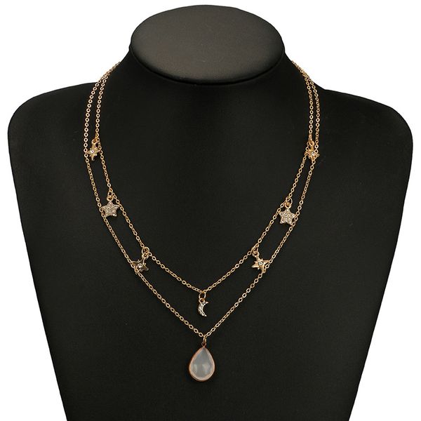 

2019 bohemian new simple and stylish five-pointed star moon-studded double-layer necklace elliptical imitation gemstone necklace, Silver