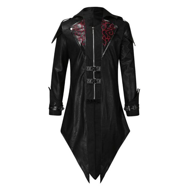 

tailcoat jacket for men goth hooded steampunk uniform hoodie party pu leather outwear coat manteau pour hommes vintage jackets, Black;brown