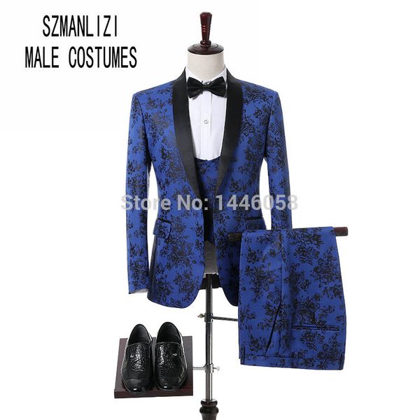 

costume homme blue flower business men suits 3 pieces slim fit wedding tuxedos groomsmen man formal suit for men tuxedos, White;black