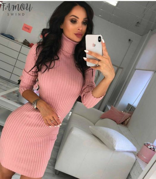 

women high neck slim knitted solid wool mini dresses fashion ladies basic long sleeve winter autumn warm dresses, Black;gray