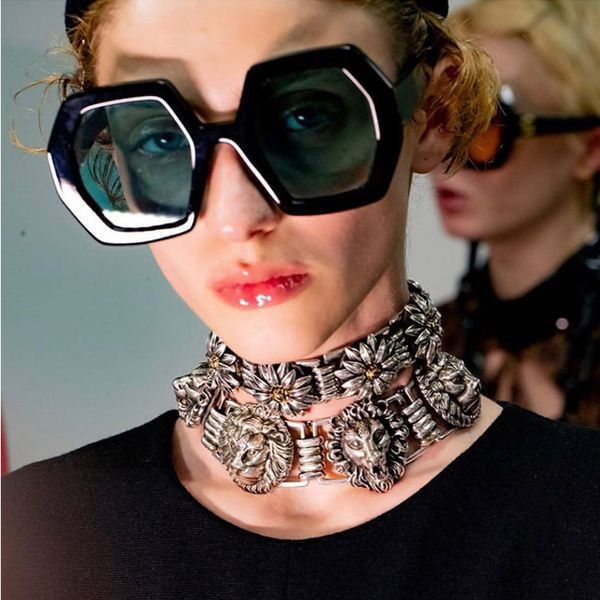 

2020 large oversized sunglasses women retro brand designer hexagon sun glasses female shade eyewear big metal arm glasses uv400, White;black