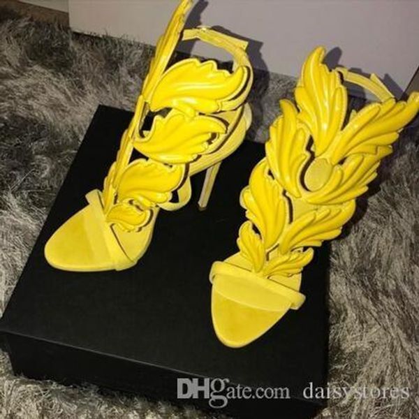 

amazing lady angel wings black nude thin high heels sandals gladiator rome wedge women golden leaf leather pumps shoes discount