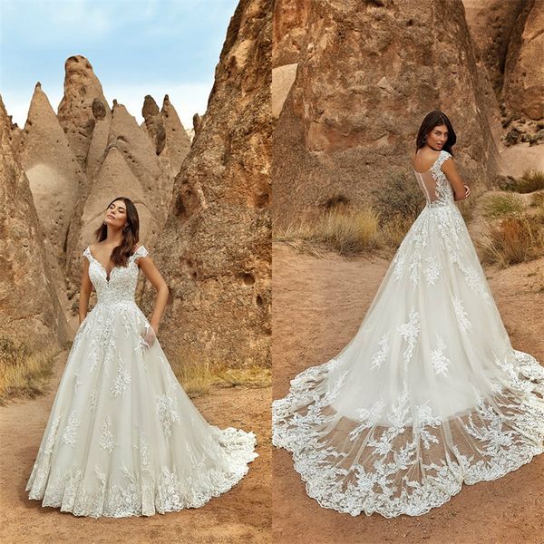 Elegante Boho A-line Eddy K Abiti da sposa con scollo a V senza maniche Abito da sposa in pizzo con applicazioni complete Sweep Train Vendita calda Abito da sposa economico