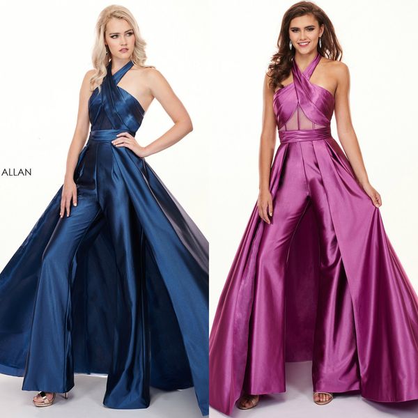 

royal blue halter prom dresses jumpsuits gloosy satin backless sweep train pants suits evening gowns plus size party dress abendkleider, Black