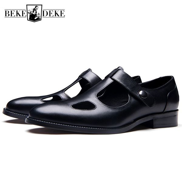 

new designer mens hollow out summer gladiator sandals 2019 pointed toe genuine leather sandals office man work breathable shoes, Black