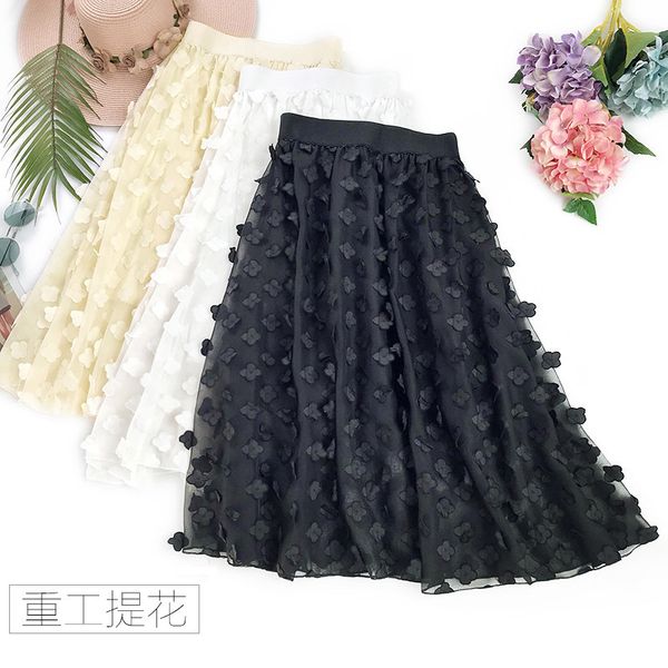 

реальные романтические трехмерные цветы и растения вышивка шифон юбка половина тела свежий жаккард ткать a-line юбка overknee юбка, Black