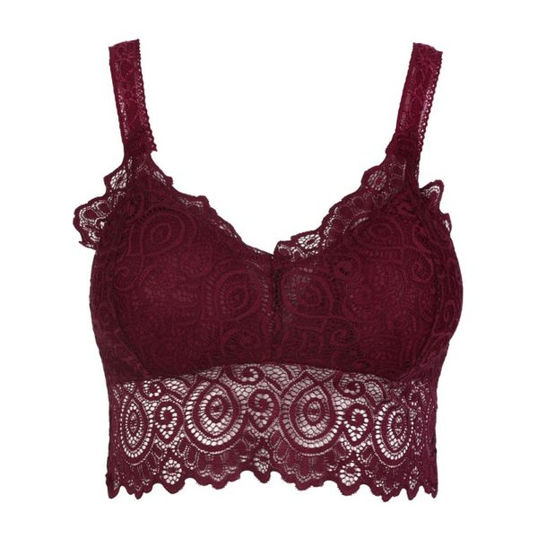 

zh women lace lingerie v-neck crochet bralette bra crop floral cami padded tank underwear, Red;black