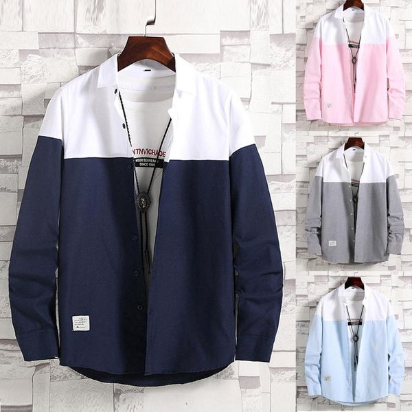 

2019 new men's jacket men autumn fashion casual blouse stitching-color turn-down collar shirt long-sleeved, White;black
