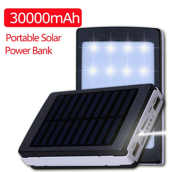 

30000mah solar power bank waterproof dustproof double usb output led flashlight lighter lithium battery for iphone xiaomi huawei